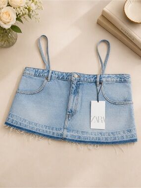 ZARA Light Wash Denim Micro Mini Top / Bandeau – Size L NWT